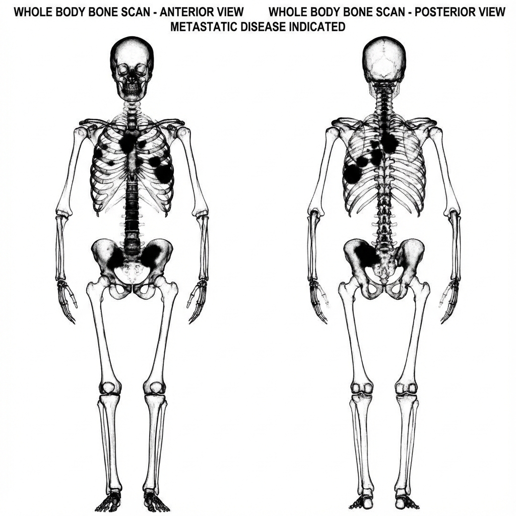 Whole body bone scan showing metastases